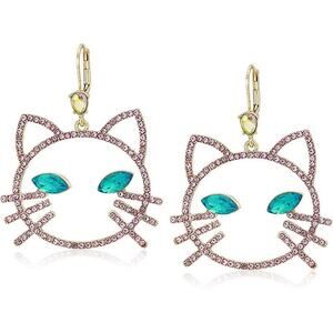 Betsey Johnson Women's Pink Stone Open Cat Face Drop Earrings Fashion Jewelry